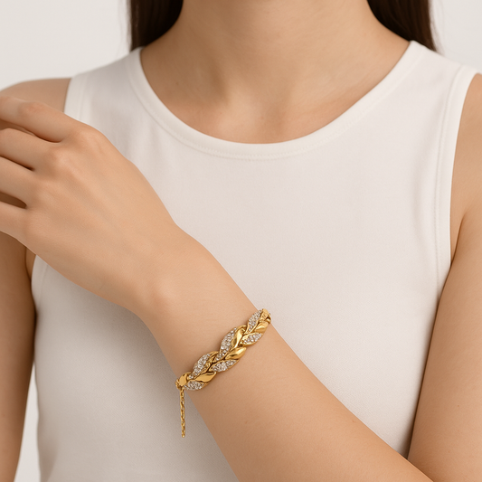 Bracelet Élise – Feuilles Dorées & Cristaux Étincelants